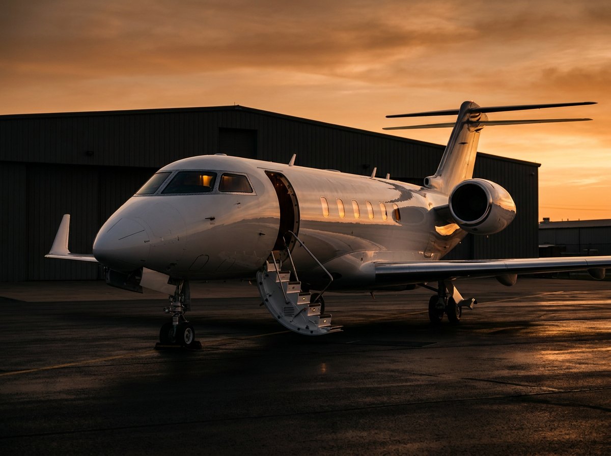 Private business jet on the ramp at golden hour