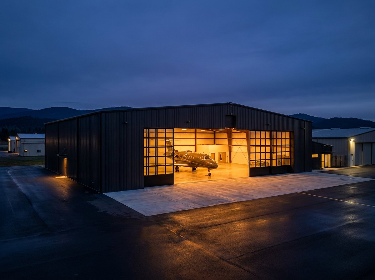 Aircraft hangar at dusk